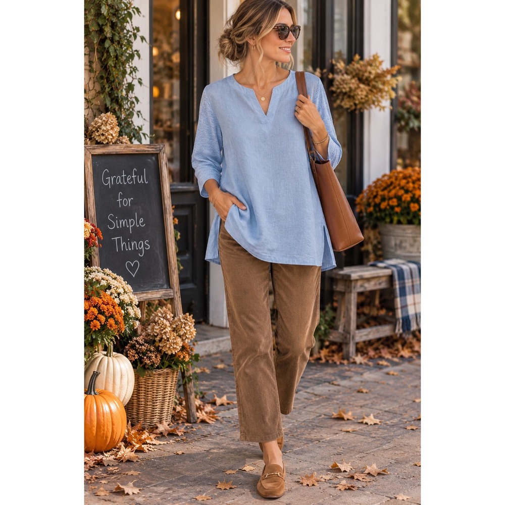 J. Jill Love Linen Tunic Top XL Light Blue 3/4 Sleeve Split V-Neck 100% Linen